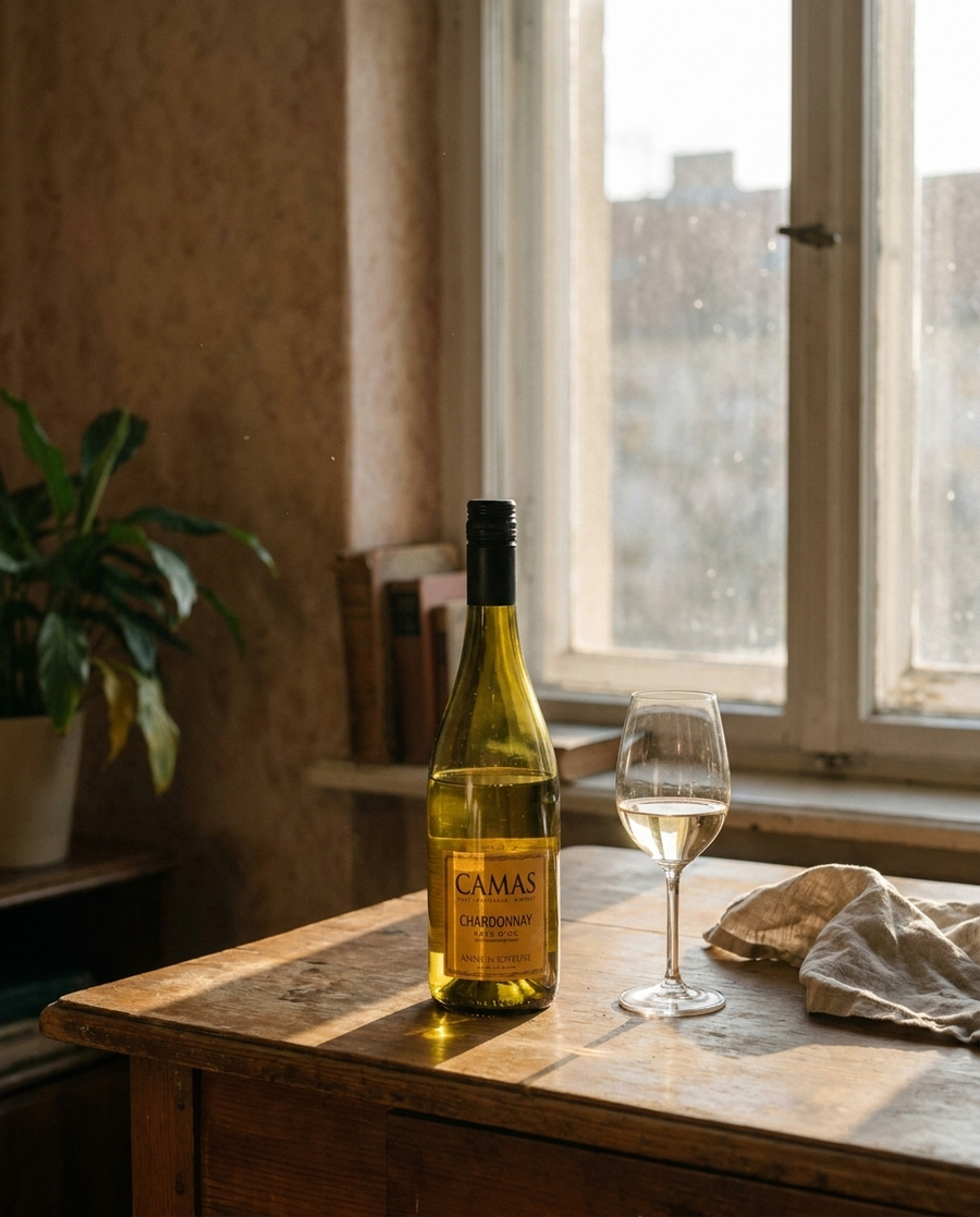 Camas Chardonnay auf dem Tisch in einer Berliner Altbauwohnung