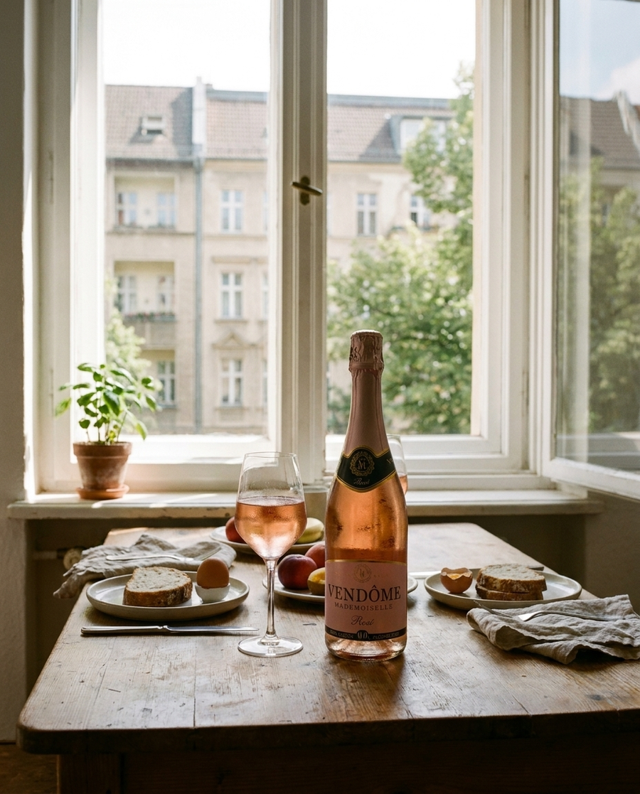 Vendôme Mademoiselle Rosé Crémant Alkoholfrei auf dem Tisch in einer Berliner Altbauwohnung