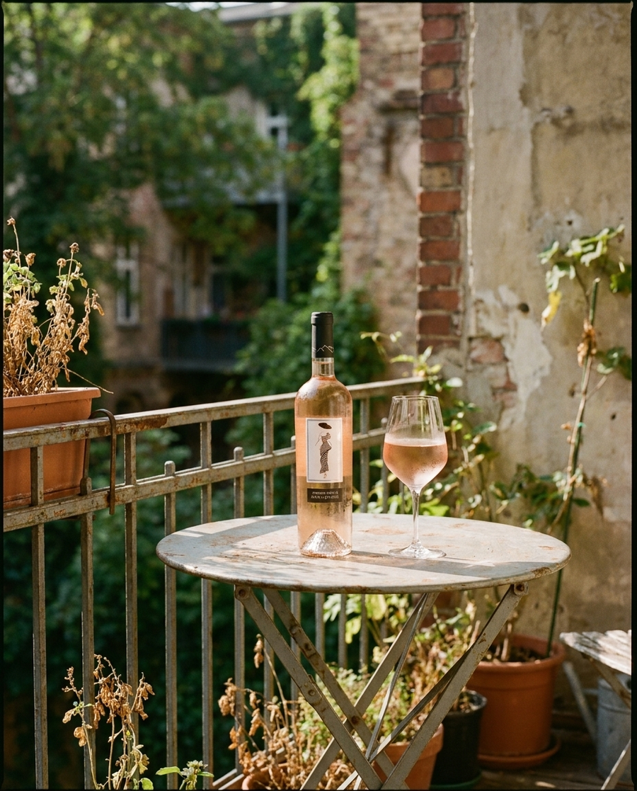 French Défilé Rosé auf dem Tisch in einer Berliner Altbauwohnung
