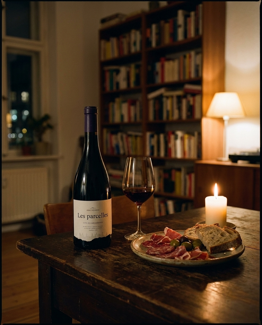 Les Parcelles Grenache-Syrah auf dem Tisch in einer Berliner Altbauwohnung