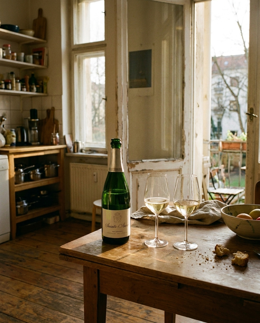 St. Anne Crémant de Limoux Brut auf dem Tisch in einer Berliner Altbauwohnung