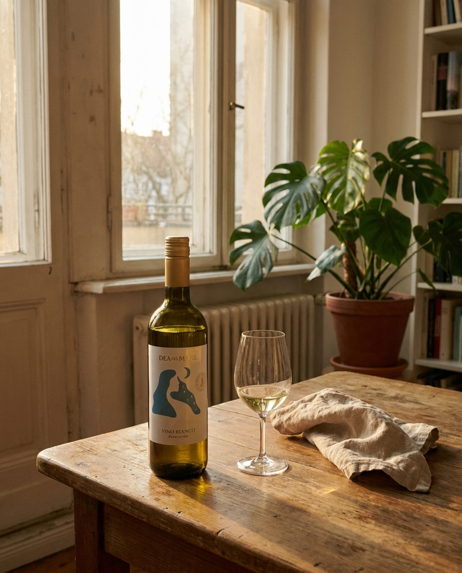 Dea del Mare Pinot Grigio Chardonnay auf dem Tisch in einer Berliner Altbauwohnung