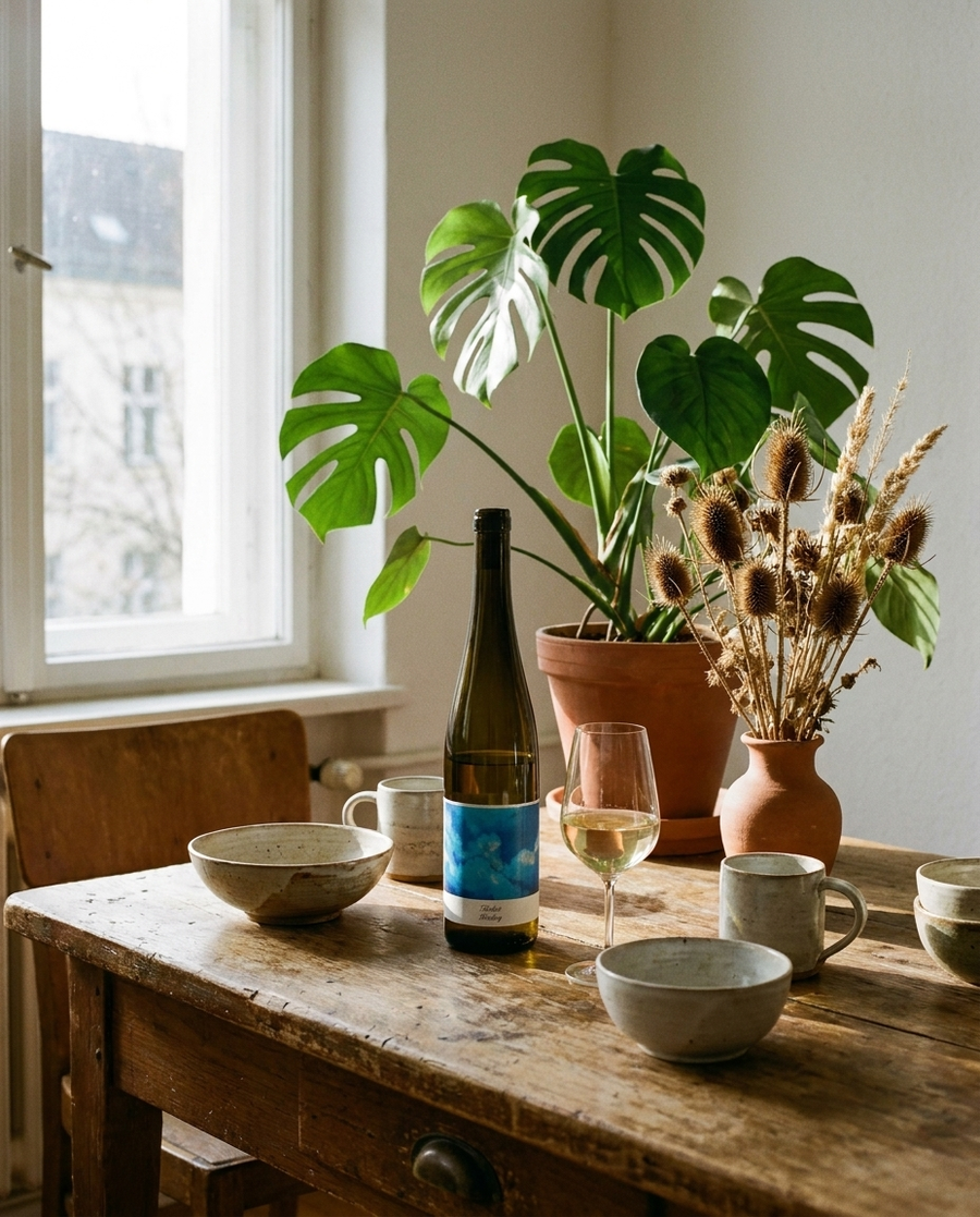 Schmitt Riesling Freiheit Naturwein auf dem Tisch in einer Berliner Altbauwohnung