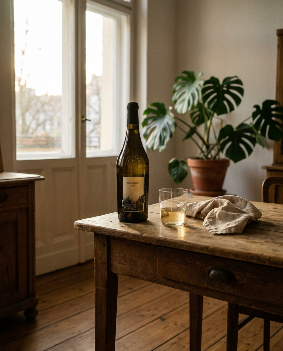 Domaine Pignier Sauvageon Côtes du Jura auf dem Tisch in einer Berliner Altbauwohnung