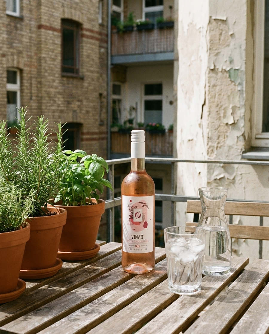 Vina'0° Rosé Alkoholfrei draußen im Berliner Kiez