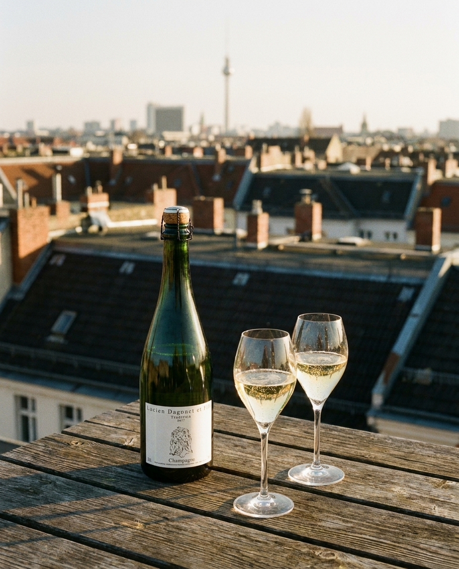 Lucien Dagonet Champagner Tradition Brut draußen im Berliner Kiez