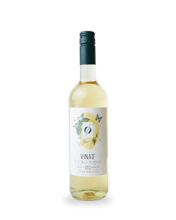 Vina'0° Chardonnay Alkoholfrei — Flasche vor weißem Studio-Hintergrund