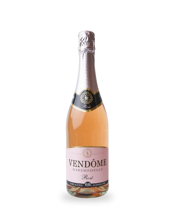 Vendôme Mademoiselle Rosé Crémant Alkoholfrei — Flasche vor weißem Studio-Hintergrund