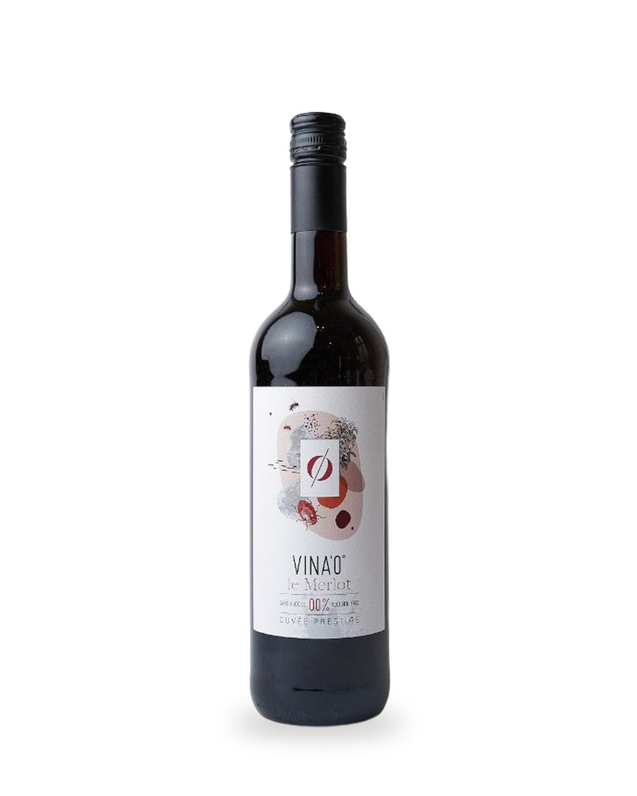 Vina'0° Merlot Alkoholfrei — Flasche vor weißem Studio-Hintergrund