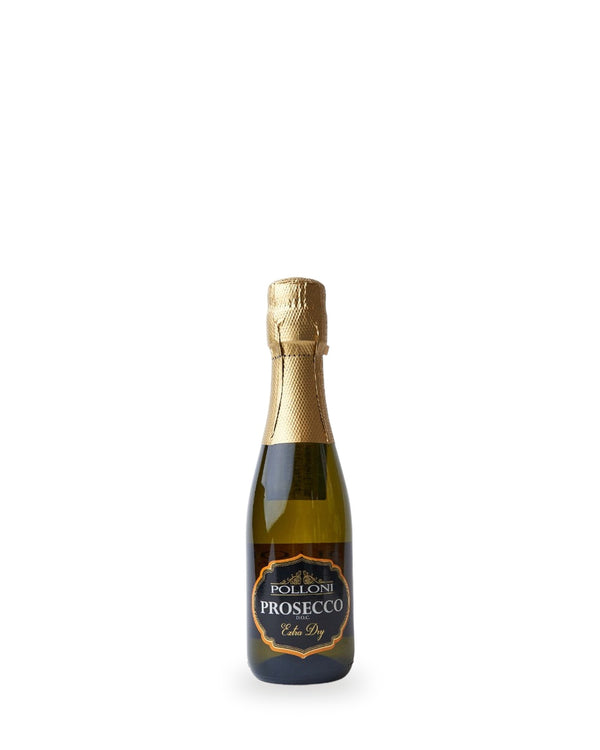 Polloni Prosecco Spumante Extra-Dry Piccolo — Flasche vor weißem Studio-Hintergrund