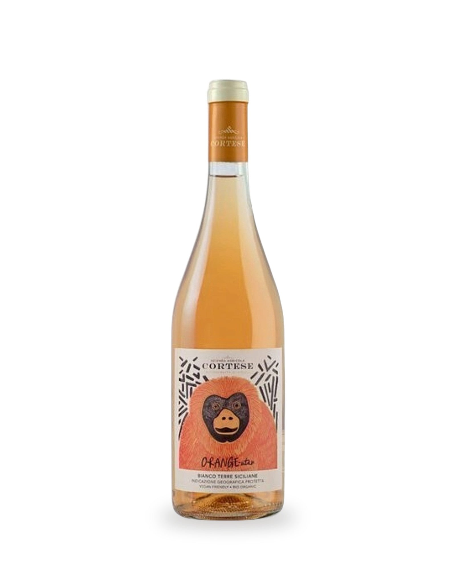 Cortese Orange Bianco BIO — Flasche vor weißem Studio-Hintergrund