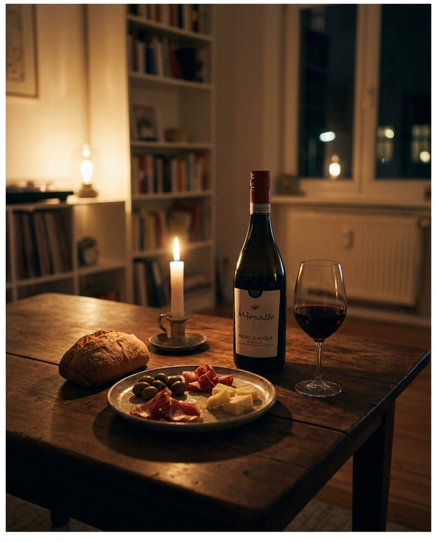 Miopasso Nero d’Avola Sicilia auf dem Tisch in einer Berliner Altbauwohnung