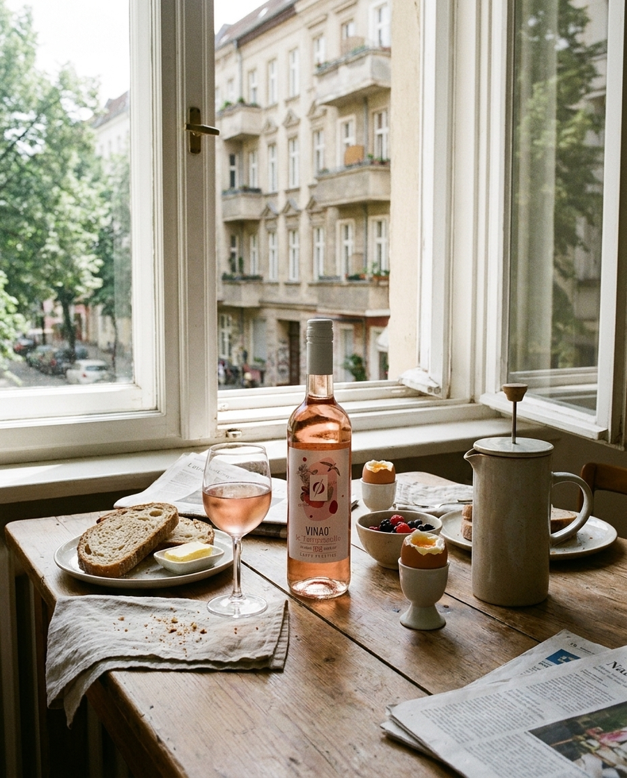 Vina'0° Rosé Alkoholfrei auf dem Tisch in einer Berliner Altbauwohnung