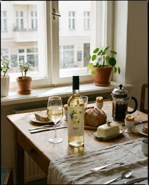 Vina'0° Chardonnay Alkoholfrei auf dem Tisch in einer Berliner Altbauwohnung