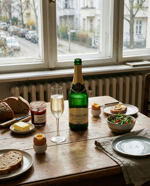 Vendôme Mademoiselle Crémant Classic Alkoholfrei auf dem Tisch in einer Berliner Altbauwohnung