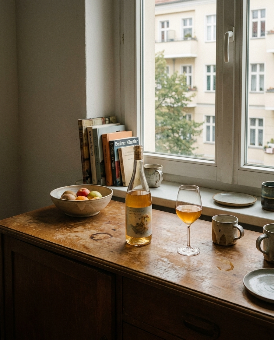 Tragolargo Orange Naturwein auf dem Tisch in einer Berliner Altbauwohnung