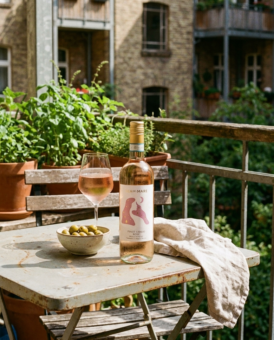 Dea del Mare Pinot Grigio Rosé auf dem Tisch in einer Berliner Altbauwohnung