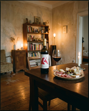 Dea del Mare Merlot Cabernet Sauvignon auf dem Tisch in einer Berliner Altbauwohnung
