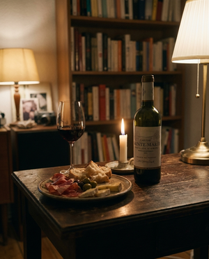 Château St. Marie Bordeaux Supérieur, 350ml auf dem Tisch in einer Berliner Altbauwohnung