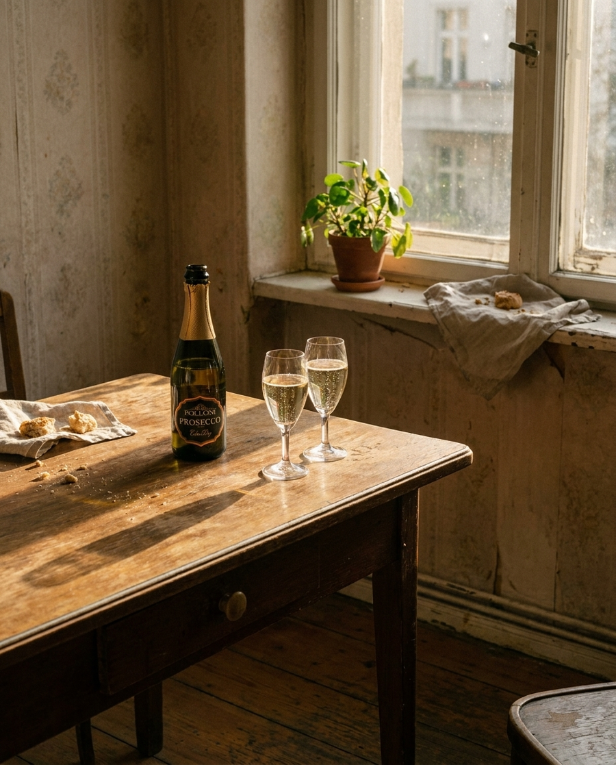 Polloni Prosecco Spumante Extra-Dry Piccolo auf dem Tisch in einer Berliner Altbauwohnung