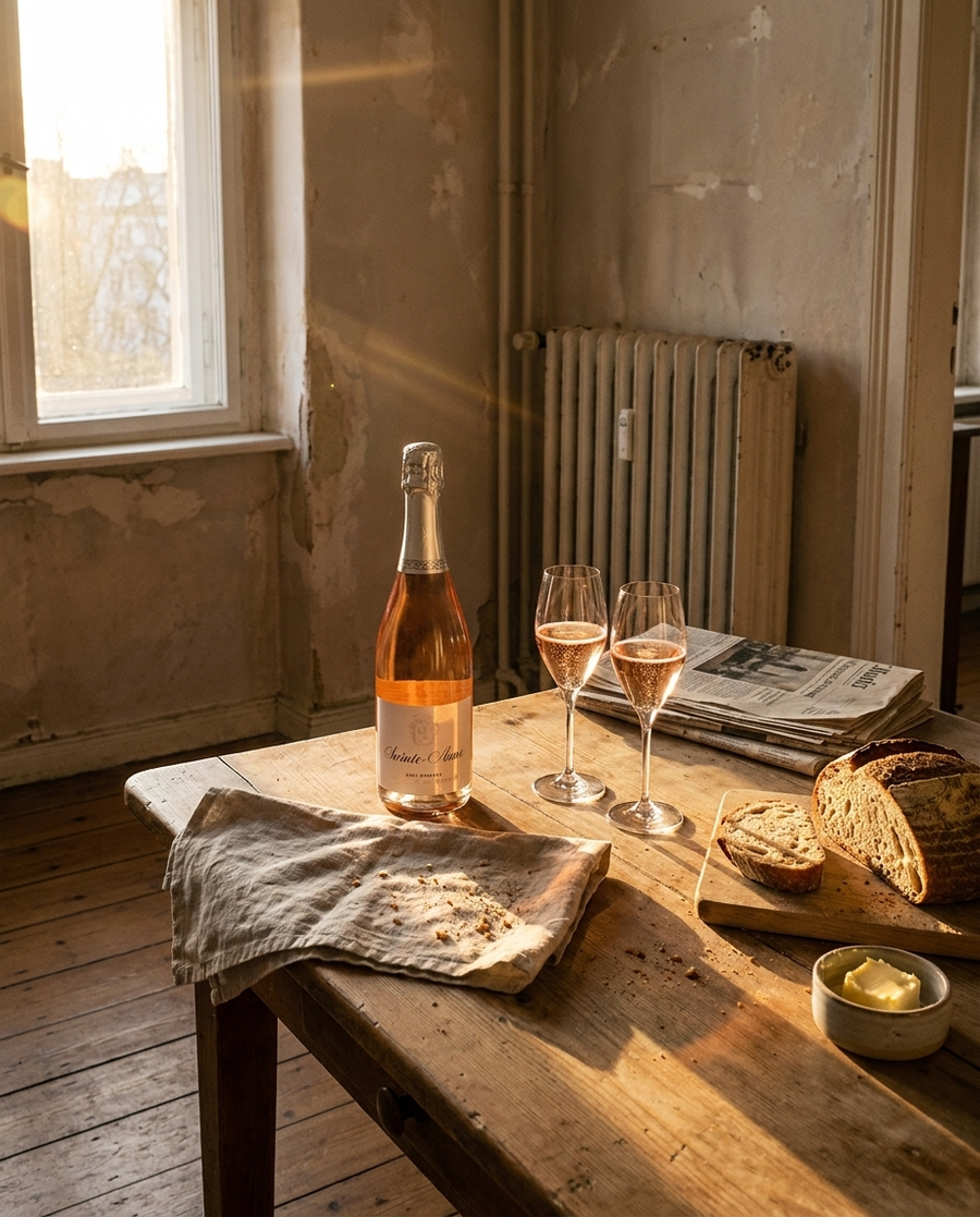 St. Anne Crémant de Limoux Rosé auf dem Tisch in einer Berliner Altbauwohnung
