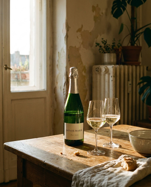 Château St. Marie Crémant de Bordeaux Brut auf dem Tisch in einer Berliner Altbauwohnung