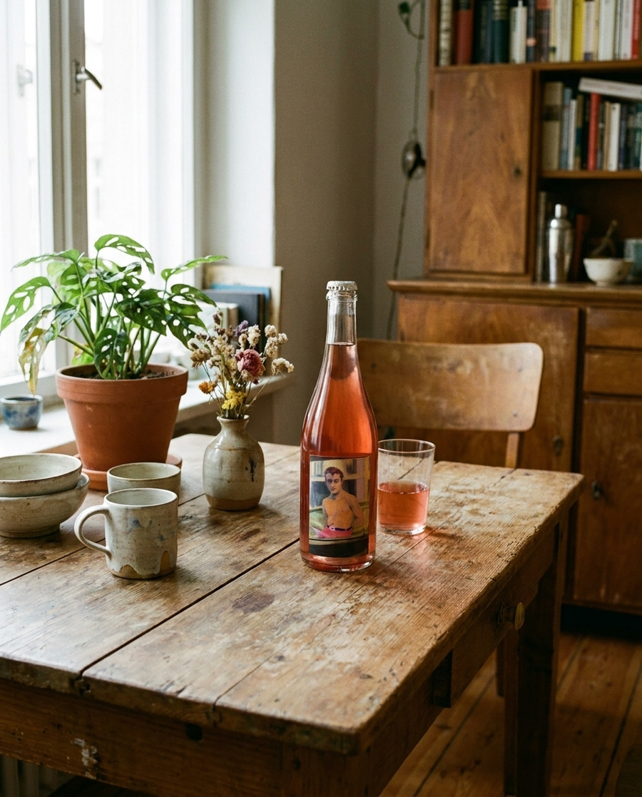 Leon Gold Pink Pet Petnat Naturwein auf dem Tisch in einer Berliner Altbauwohnung