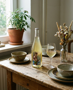 Leon Gold White Pet Petnat Naturwein auf dem Tisch in einer Berliner Altbauwohnung