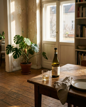 Santa Tresa Grillo Viognier BIO auf dem Tisch in einer Berliner Altbauwohnung