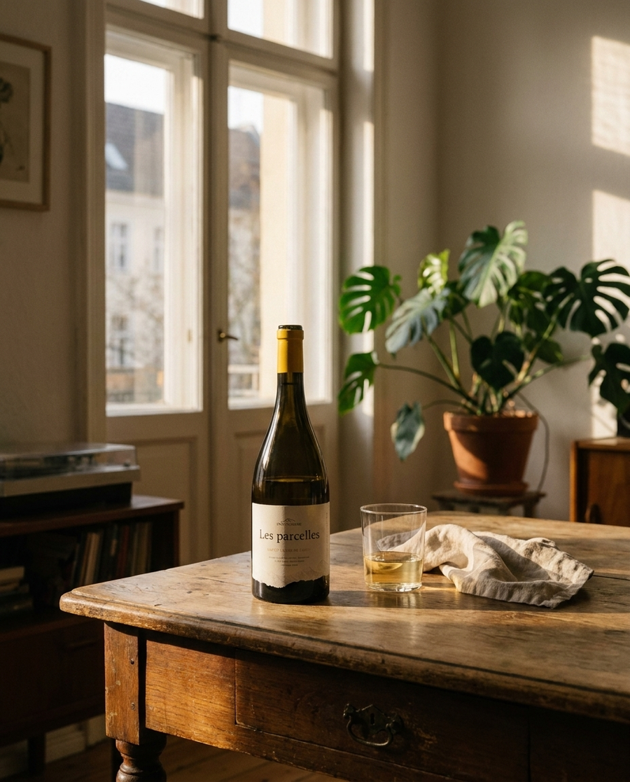 Les Parcelles Chardonnay BIO auf dem Tisch in einer Berliner Altbauwohnung
