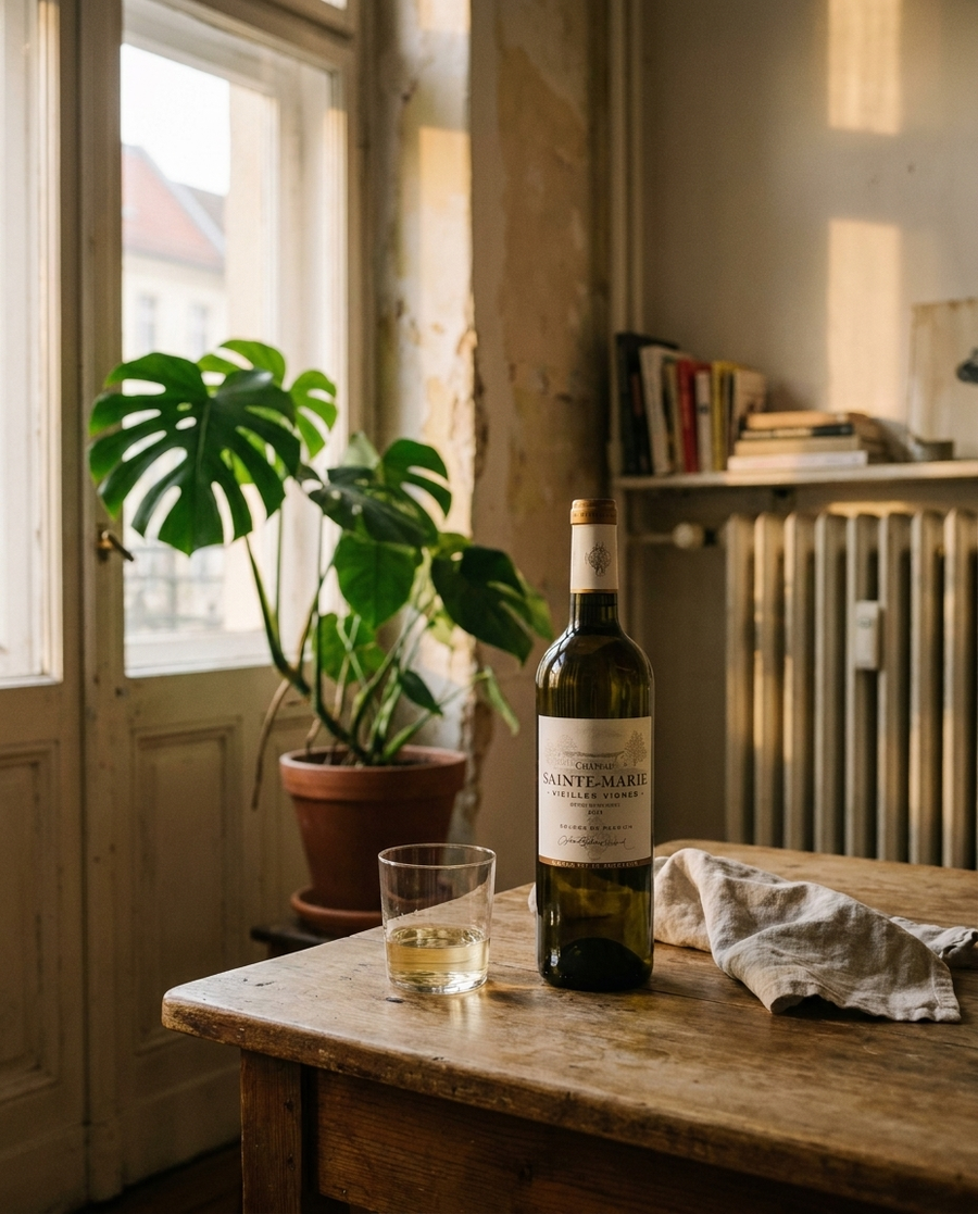 Château St. Marie Vieilles Vignes auf dem Tisch in einer Berliner Altbauwohnung