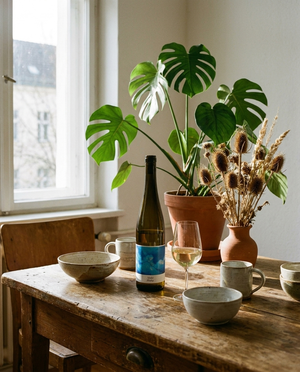 Schmitt Riesling Freiheit Naturwein auf dem Tisch in einer Berliner Altbauwohnung