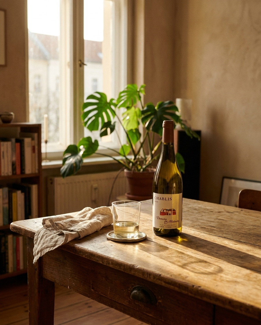 Domaine des Malandes Chablis auf dem Tisch in einer Berliner Altbauwohnung