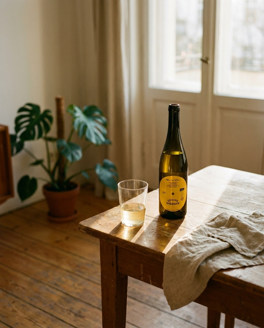 Riesling Delight auf dem Tisch in einer Berliner Altbauwohnung