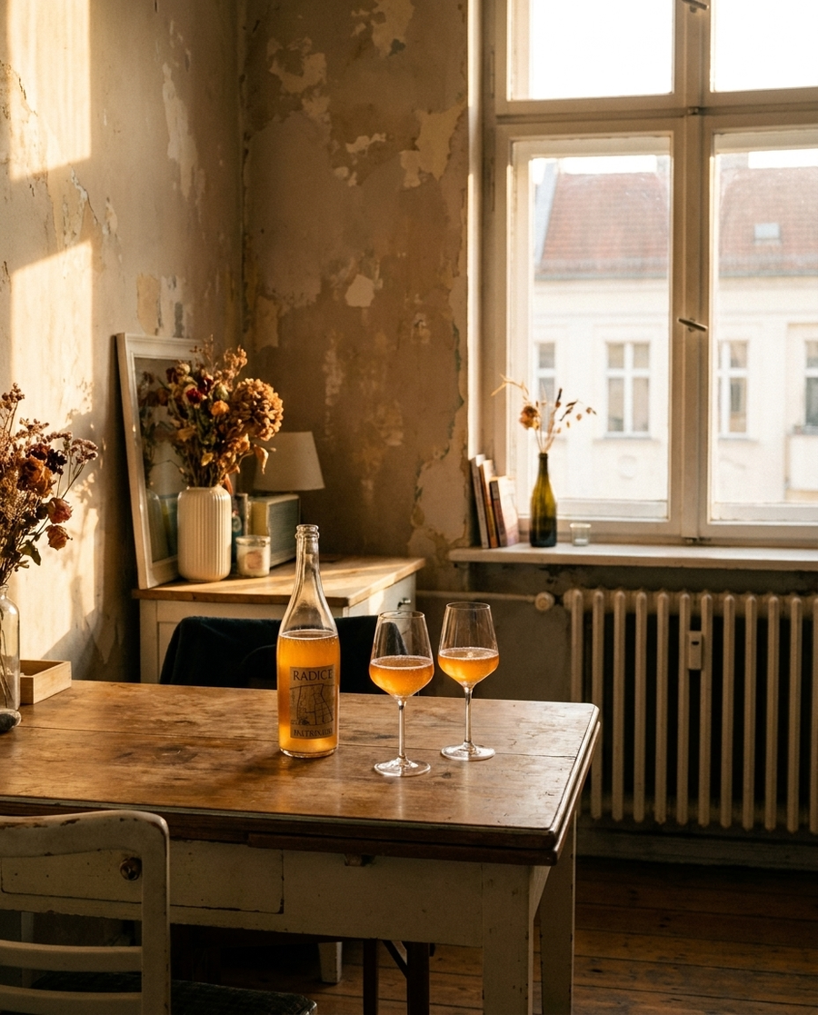 Lambrusco Radice auf dem Tisch in einer Berliner Altbauwohnung