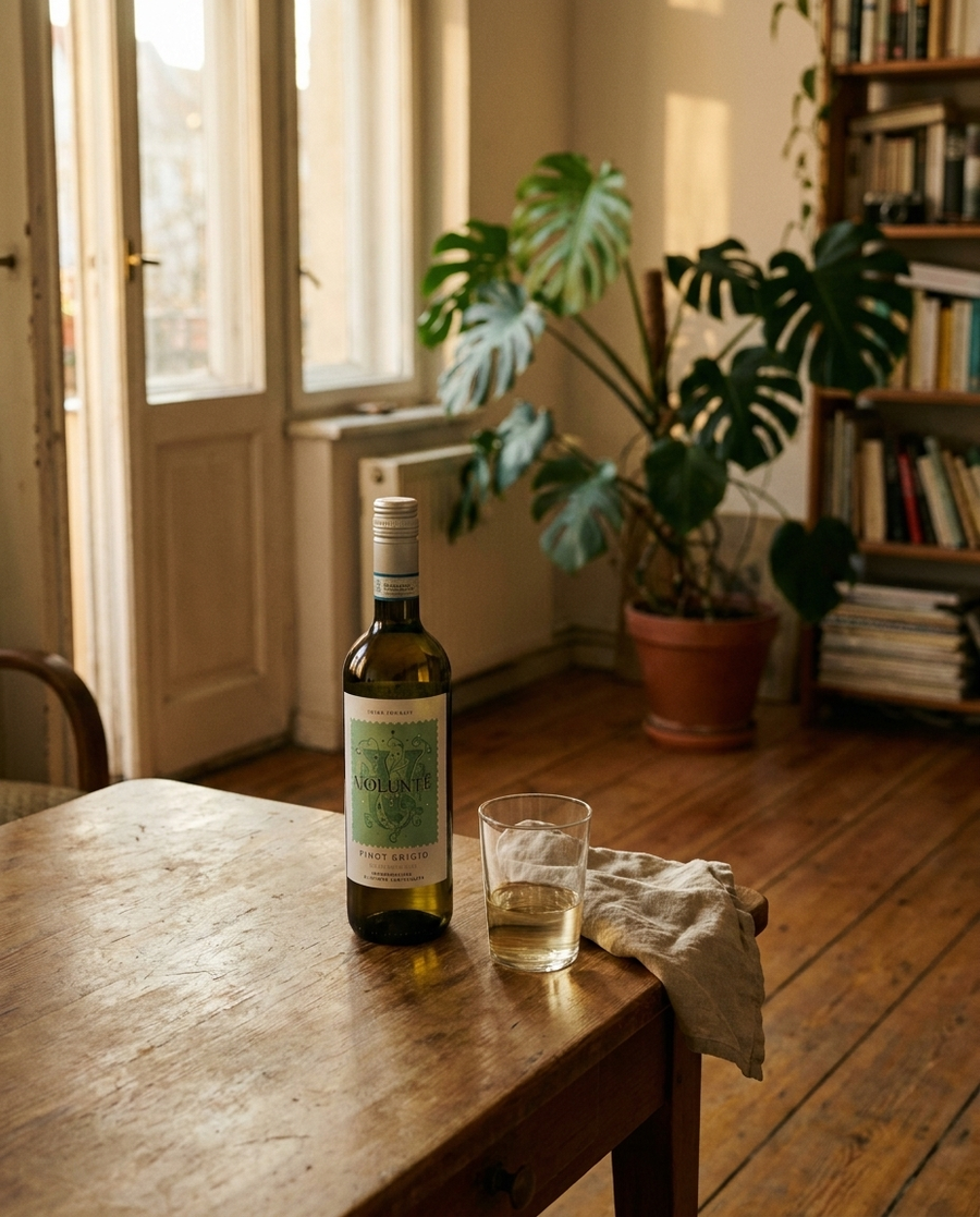 Volunté Pinot Grigio auf dem Tisch in einer Berliner Altbauwohnung