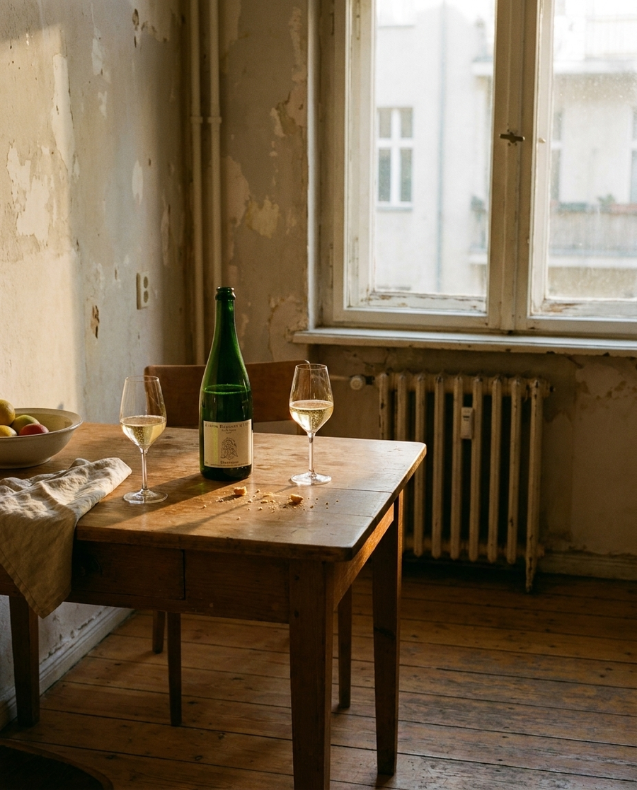 Lucien Dagonet Champagner Tradition Brut auf dem Tisch in einer Berliner Altbauwohnung