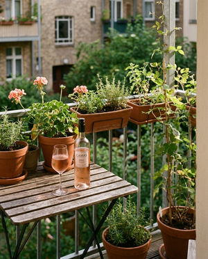 Camas Syrah Rosé auf dem Tisch in einer Berliner Altbauwohnung