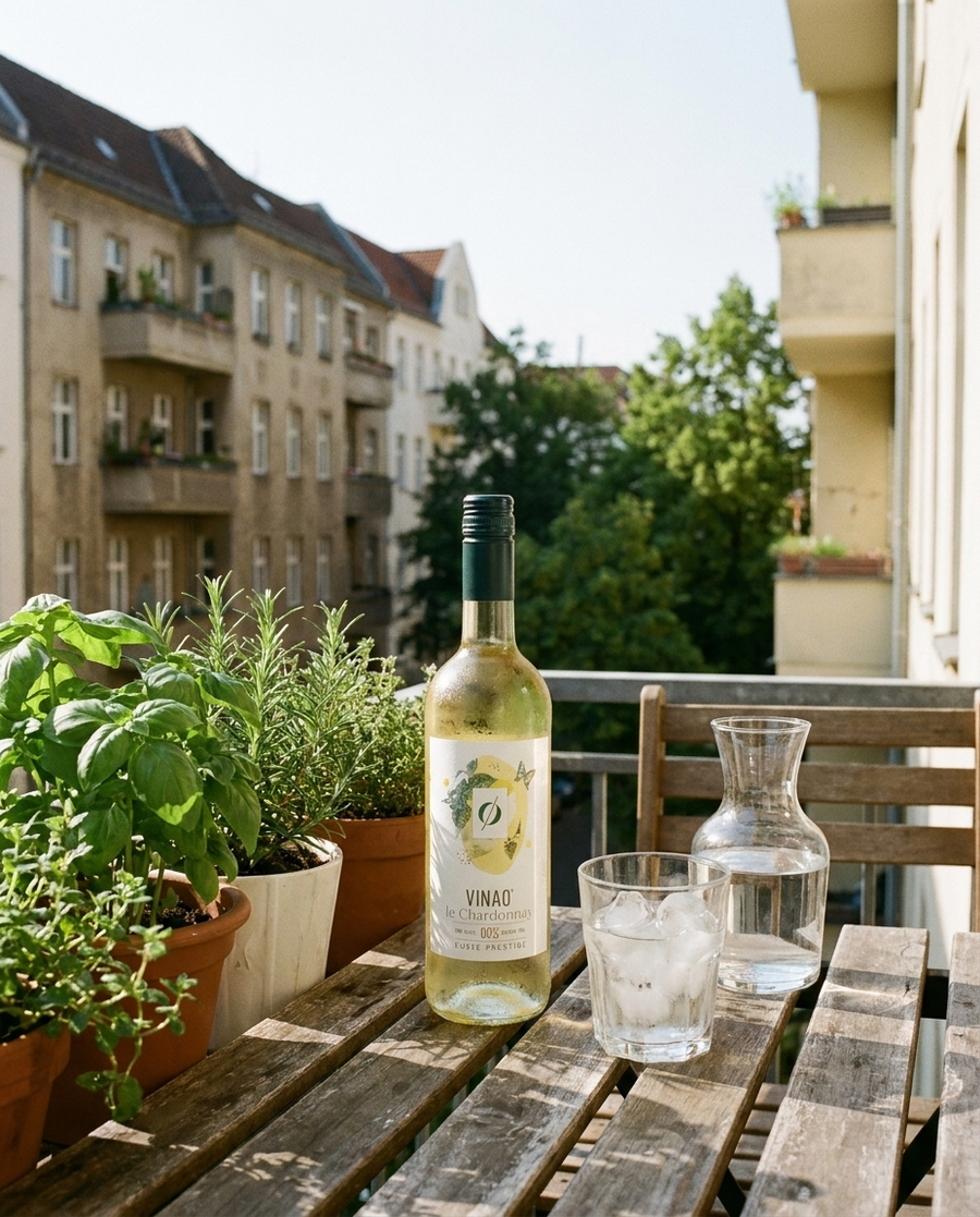 Vina'0° Chardonnay Alkoholfrei draußen im Berliner Kiez