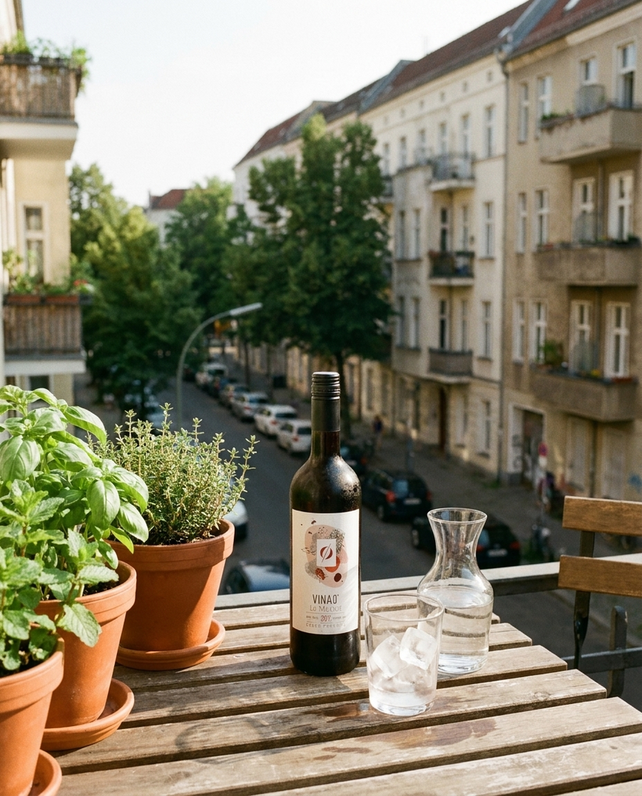 Vina'0° Merlot Alkoholfrei draußen im Berliner Kiez