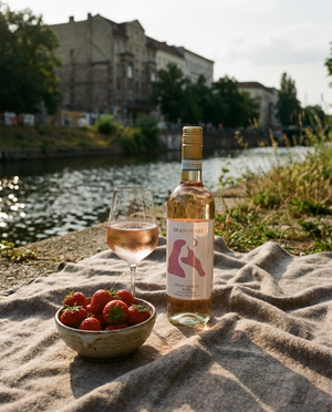 Dea del Mare Pinot Grigio Rosé draußen im Berliner Kiez