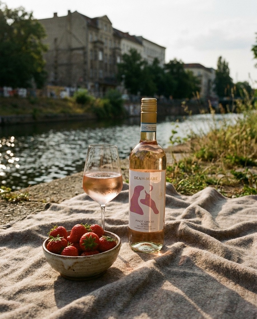 Dea del Mare Pinot Grigio Rosé draußen im Berliner Kiez