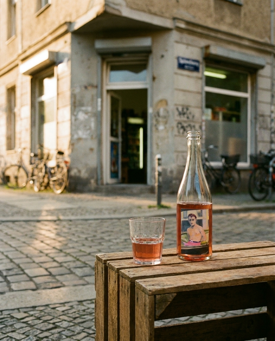 Leon Gold Pink Pet Petnat Naturwein draußen im Berliner Kiez