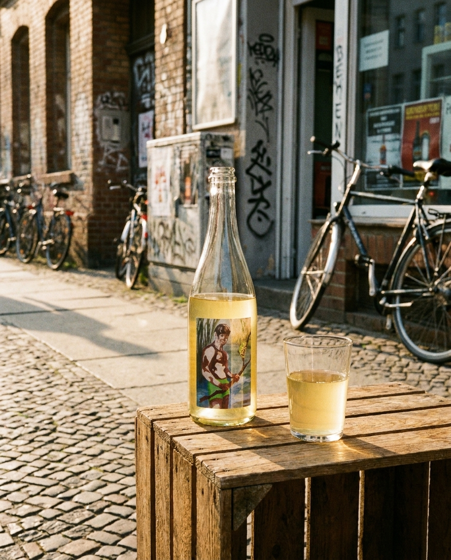 Leon Gold White Pet Petnat Naturwein draußen im Berliner Kiez