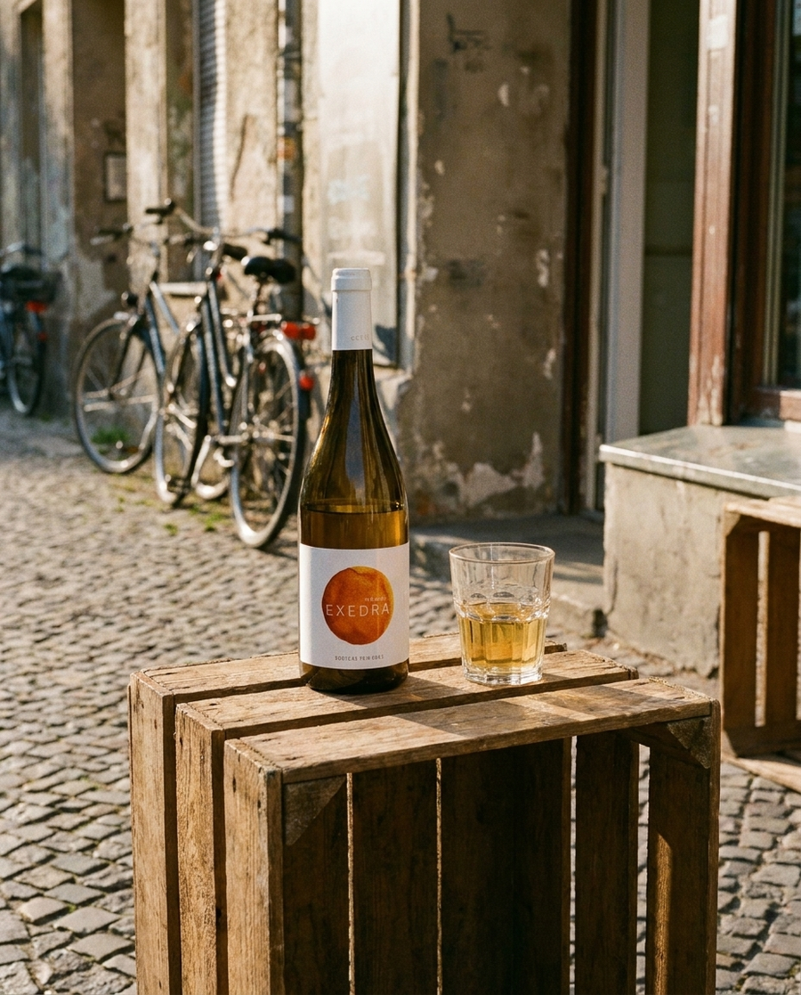 Exedra Blanco Amphora Naturwein draußen im Berliner Kiez