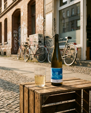 Schmitt Freiheit Weiß Naturwein draußen im Berliner Kiez